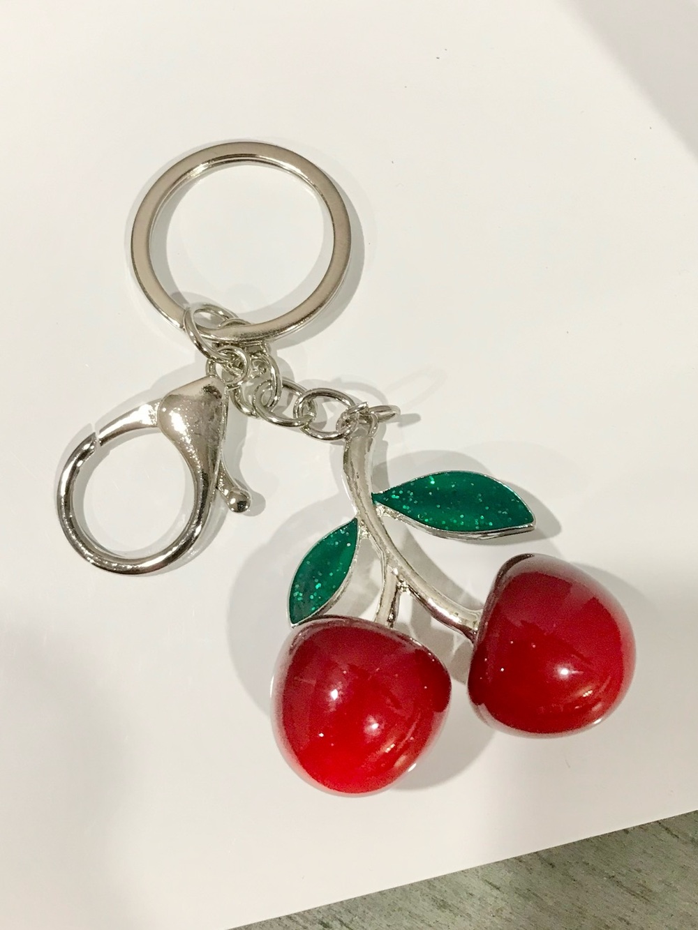 Red Cherry Bag Charm/Keychain with Green Leaves